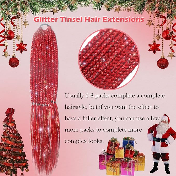Sparkling Red Pre Stretched Braiding Hair 30 Inch Glitter Box Braid Hair Extensions Shinny 3 Packs Yaki Texture Pre Feathered Festival Braids Hair