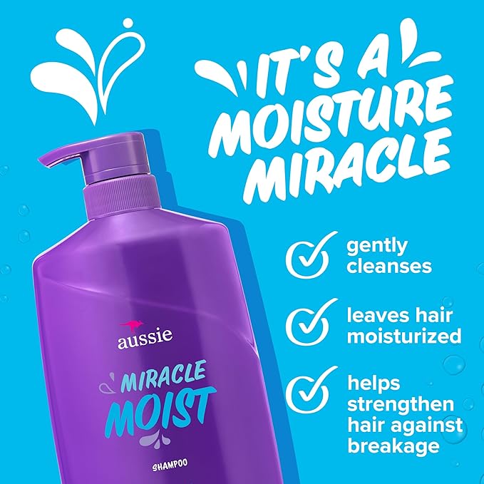 Aussie Miracle Moist Shampoo for All Hair Types - Dry, Curly, Coily, Wavy, Straight - Paraben-Free, Moisturizing, Gentle Cleansing with Avocado & Jojoba Seed Oil, 26.2 Fl Oz