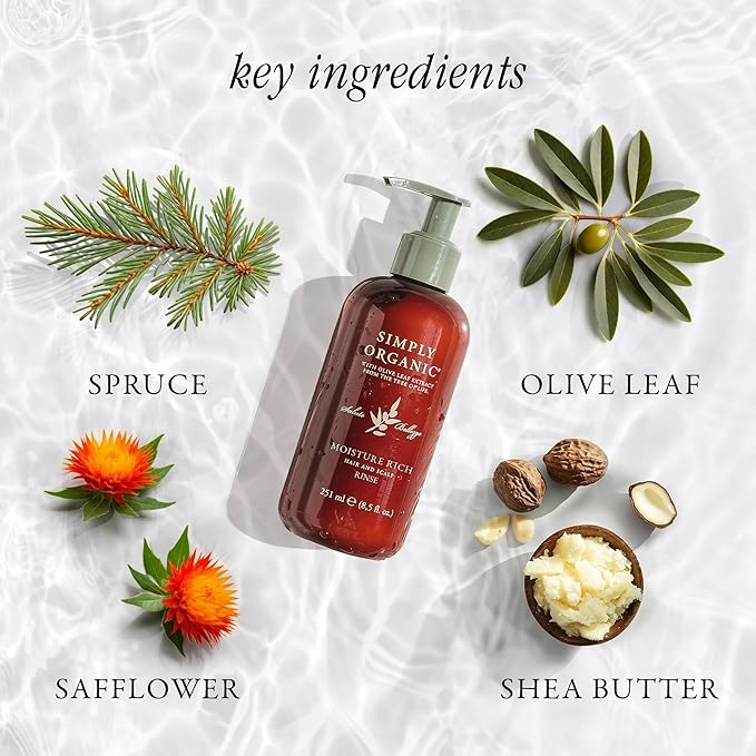 SIMPLY ORGANIC Moisturizing Deep Conditioner Scalp Rinse Made in Italy, All Natural Cruelty Free Hair Care for Women & Men with Shea Butter & Olive Leaf Extract, 251ml/8.5floz, MOISTURE RICH