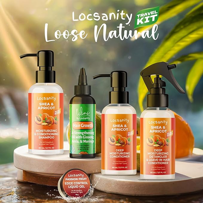 Locsanity Natural & Organic Loose Natural Sample Travel Kit, Gentle 2-in-1 Shampoo/Conditioner, Deep Moisturizing Conditioner, Hair Oil, Detangler Leave-in Conditioner, Smooth Liquid Edge Gel