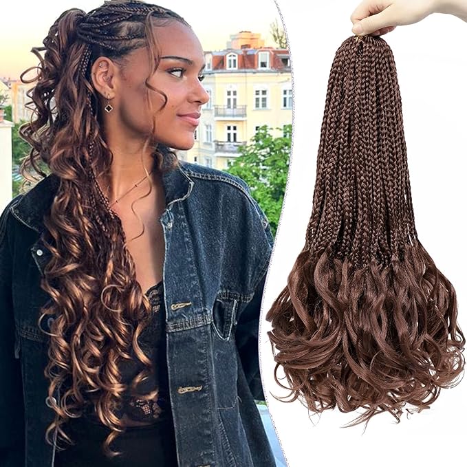 French Curly Braiding Hair Prelooped 18 Inch Dark Auburn Crochet Hair for Women 8 Packs Short Crochet Braids with Curly Ends Synthetic Hair Extension 33#