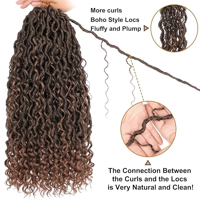 COOKOO Soft New Faux Locs Crochet Hair 18 Inch Ombre Golden Brown Boho Style Goddess Locs Crochet Hair for Women 8 Packs Pre-looped Crochet Braids Hippie River Locs Synthetic Hair Extensions T30#