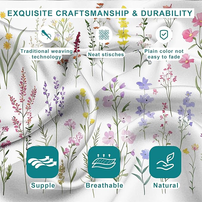 Satin Pillowcase Wildflowers and Plants Similar to Silk Pillow Cases for Hair and Skin, 1 Pack Soft Smooth Breathable Cool Pillow Cases, Standard Size with Hidden Zipper 20" x 26"