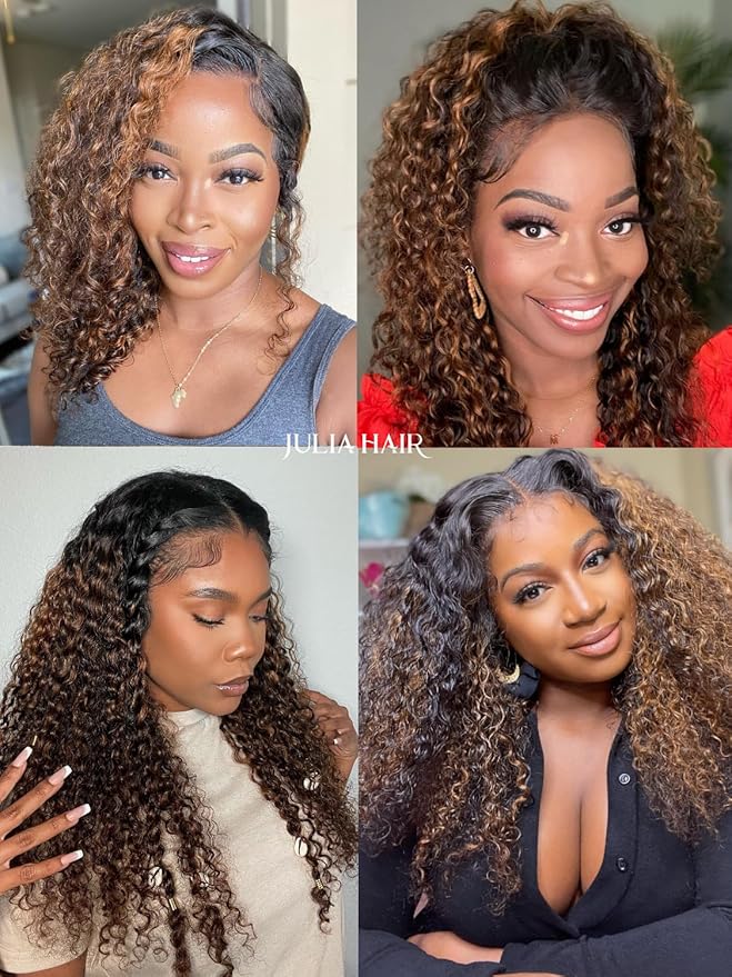 Julia Hair Highlight V Part Curly Wigs with Drawstring Balayage Brown Clip-In Half Wigs EasiContour Upgraded U Part Jerry Curly Glueless Human Hair Wig Beginner-Friendly Ready to Go 14 Inch
