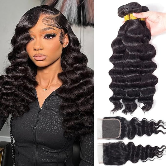 Loose Wave Bundles Human Hair with Closure (16 18 20+14) 12A Brazilian Virgin Human Hair Loose Deep Wave 3 Bundles with 4x4 HD Lace Closure Unprocessed Human Hair Extension Natural Color