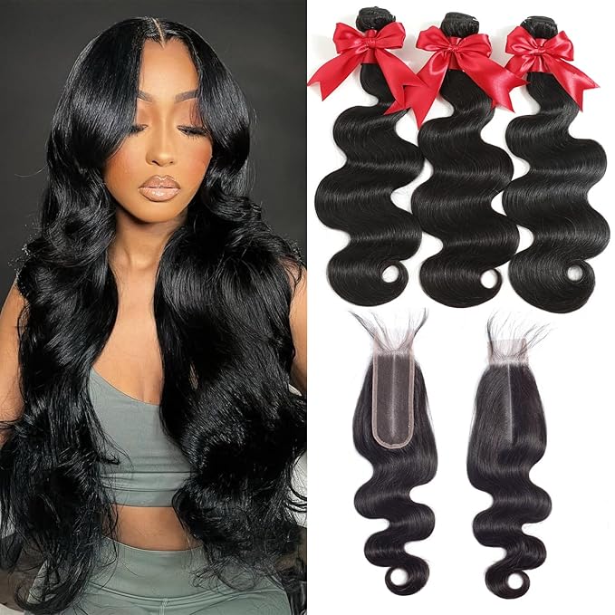 12A Human Hair Bundles with 2x6 Closure 26 28 30 with 20 Inch Brazilian Body Wave 3 Bundles Human Hair with 2x6 HD Lace Closure 100% Unprocessed Virgin Human Hair Weave