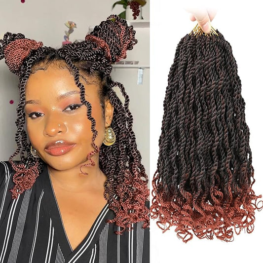 Leeven 12 Inch Senegalese Twist Crochet Hair with Curly Ends 8 Packs Ombre Copper Red Pre Looped Short Wavy Crochet Braids for Kids Women Ginger Pre Twist Small Hanava Twist Synthetic Braiding Hair