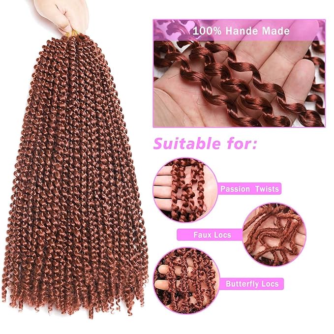 Passion Twist Hair 18Inch 6Packs Water Wave Crochet Hair Copper Red Passion Twists Braiding Hair Long Bohemian Braids Hair Synthetic Extensions (18Inch, 350#)