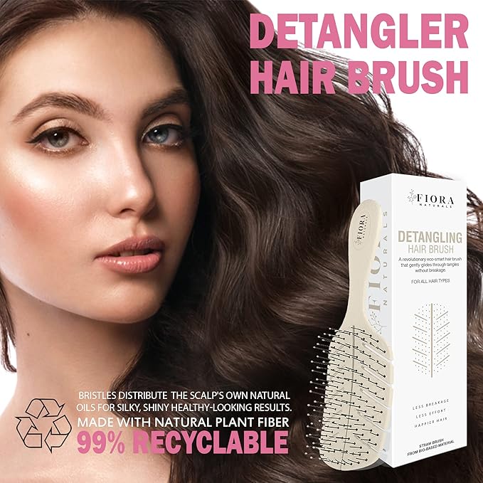 Detangler Brush by Fiora Naturals - 100% Bio-Friendly Detangling brush w/Ultra-Soft Bristles - Glide Through Tangles with Ease - For Curly, Fine, Black Natural, Women, Men, Kids - Dry and Wet Hair