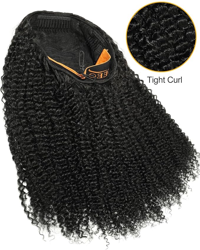BEEOS Human Hair Half Wig Kinky Curly, 3 In 1 Glueless Drawstring Half Wigs for Women 180% Density, Tight Curl Seamless Blend with 3C/4A Hair 16 Inch