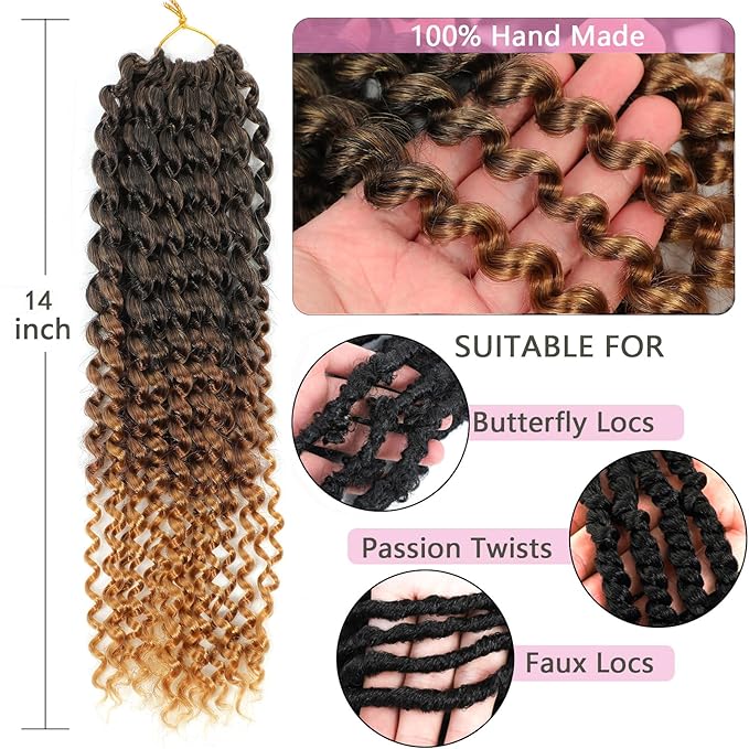 Passion Twist Hair 14 Inch 8 Packs Water Wave Crochet Hair Curly Braiding Hair For Butterfly Locs Long Bohe Crochet Braids (14 Inch (Pack of 8), 1B/30/27)