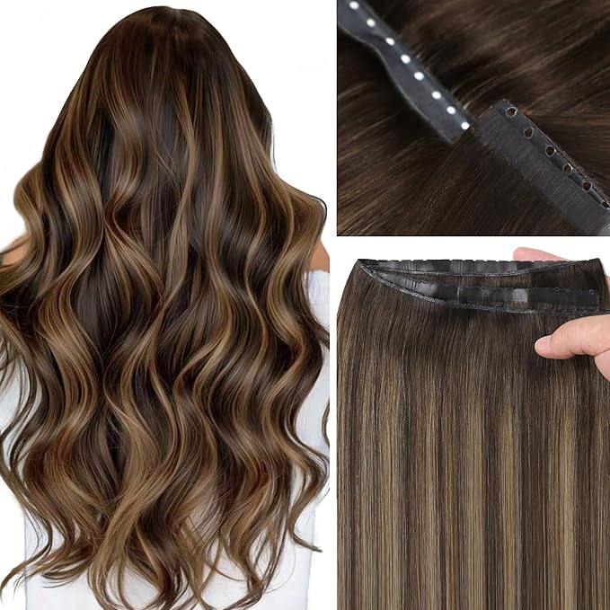 LOXXY OVO Butterfly Weft Hair Extensions Real Human Hair - 16 Inch 100g Invisible Darkest Brown to Chestnut Brown Highlights - Double Weft Bead in Hair Extensions, PU Hole Twin Tab Width 31.5"(80cm)