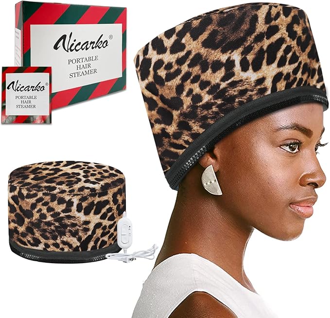VICARKO Hair Steamer Thermal Heat Cap Deep Conditioning Natural Black Hair Scalp Treatment Spa Hot Head Care Electric for Home Use Animal Print