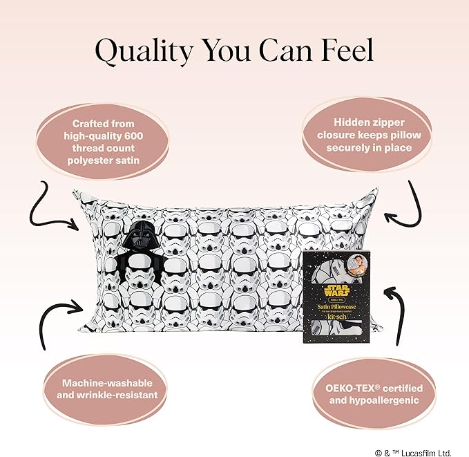 Kitsch x Star Wars Darth Vader & Stormtroopers Satin Pillowcase with Zipper | Better Than Silk Pillowcase | Frizz-Reducing Pillow Case for Hair & Skin Care, Cooling & Breathable - King