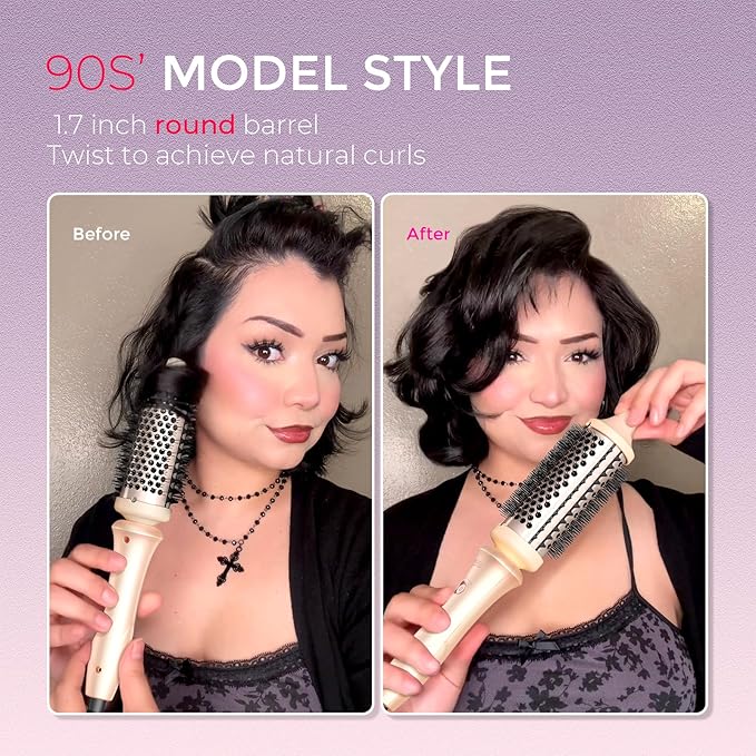 TYMO Thermal Brush Curling Brush - STYLUX 1.7 Inch Blowout Volumizer with Flexi-Fit for Hair Straightening, Heated Round Styler Tool, Hair Straightener and Curler 2 in 1, Dual Voltage, Pink