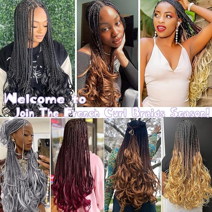French Curl Crochet Braids 18 Inch 8 Packs Goddess Box Braids Crochet Hair for Women Pre Looped Crochet Box Braid with Curly Ends Synthetic French Curly Braiding Hair Extensions (1B/30/613)