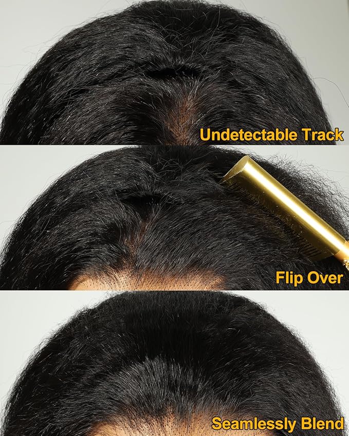 BEEOS Half Wig Human Hair Kinky Straight, 3 In 1 Drawstring Wear Go Glueless Wigs 180% Density, Non-Slip Seamless Flip Beginner Friendly 18 Inch