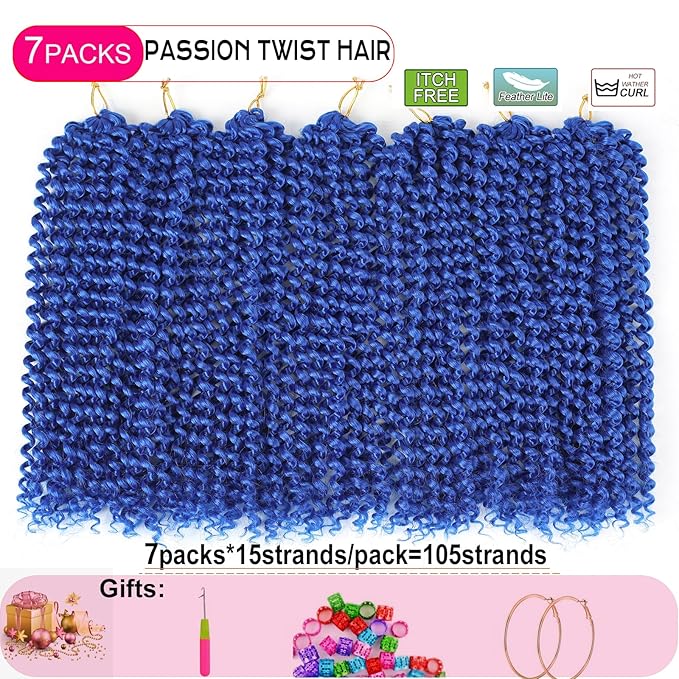 Blue Passion Twist Hair,14 Inch 7 Packs Short Water Wave Crochet Hair Soft Wrap Braiding Hair For Passion Twist Crochet Hair/Butterfly Locs/Spring Twist Crochet Hair Braids (14in,7pcs,blue#)
