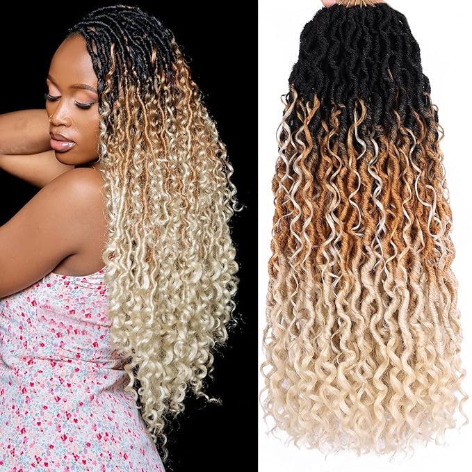 COOKOO 18 Inch 8 PCS Pre Curled Goddess Faux Locs Crochet Hair with Curly Ends 14 Strands/Pack Bohemian Curly Crochet River Locs Braids Hair for Black Women Hippie Locs Crochet Braids Hair 1B/27/613#