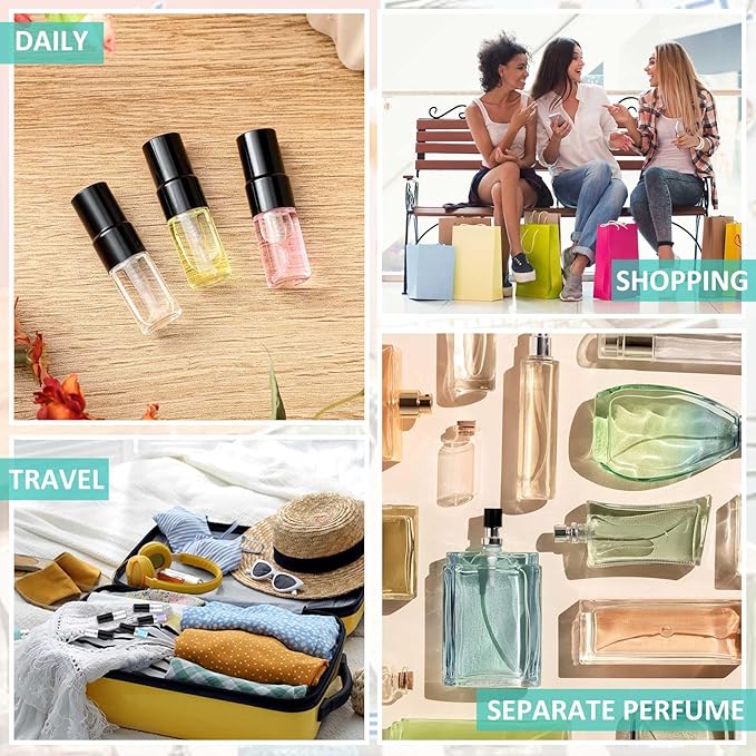 Zhehao 50 Pcs Mini Spray Bottles 2 ml Clear Glass Perfume Bottles Refillable Fine Mist Perfume Atomizer Portable Empty Sample Containers for Cleaning, Essential Oils, Travel (Black Cap)