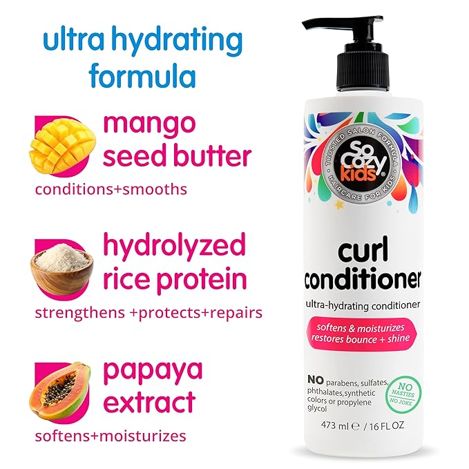 SoCozy Curl Conditioner for Kids Curly Hair (16 Fl Oz Pump) Helps Soften Dry & Unruly Curls, Hair Conditioner & Detangler with Mango Seed Butter, Rice Protein & Papaya Extract, Paraben & Sulfate-Free