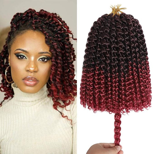 Burgundy Color Passion Twist Crochet Hair for Women 9 Packs 10 Inch Water Wave Short Twist Crochet Hair Curly Pre-looped Braiding Hair Extensions For Butterfly Locs Braids 1bbug