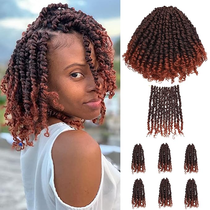 Pre-Twisted Passion Twist Crochet Hair for Black Women Passion Twist Hair Pre Looped Bohemian Braids 10 Inch 7 Packs Ombre Ginger Short Bob Curly Braiding Hair Extensions(10"-7P,T1B/350)