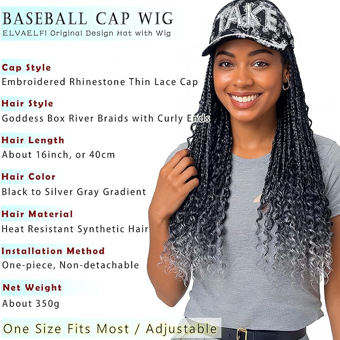 Hat Wig 16-Inch Crochet Goddess Braids Curly Ends, Ombre Dark Gray Boho Braids Crochet Hair Wigs for Women