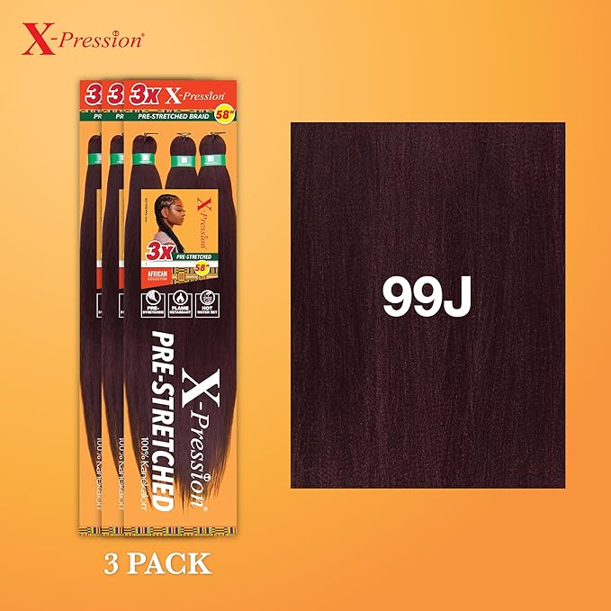Sensationnel X-pression prestretched braiding hair - 3x braid 58 inch all kanekalon flame retardant synthetic braid for box braids and twists (3 pack, 99J)