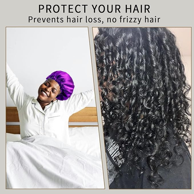 RedJoe 22 Momme 100% Mulberry Silk Bonnet Hair Wrap for Sleeping, Adjustable Silk Scrunchies Sleep Cap for Women Men Hair Care, Head Scarf Night Caps with Elastic Stay On Head, 1Pc(Purple,Black)