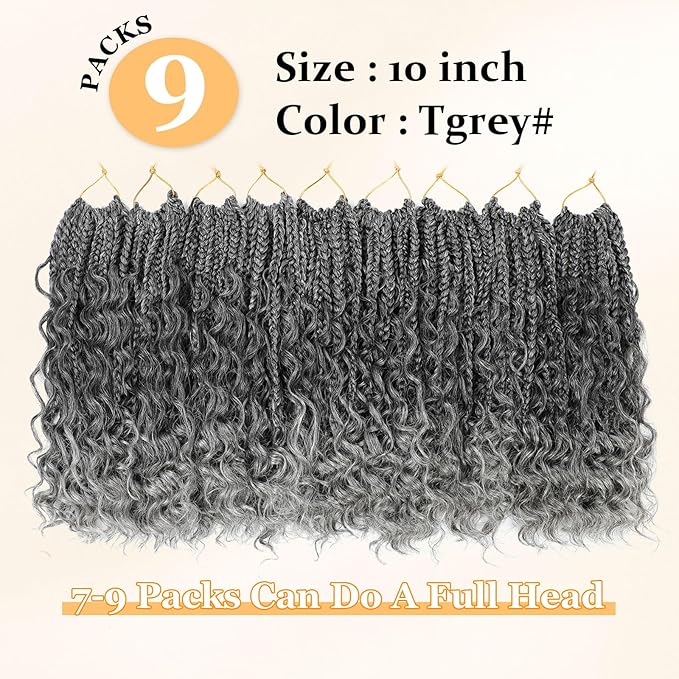 Goddess Box Braids Crochet Hair 10 Inch Boho Crochet Box Braid, 9 Packs Boho Box Braids Crochet Hair For Black Women Pre Looped Box Braids Crochet Hair (10Inch 9 Packs,TGrey)
