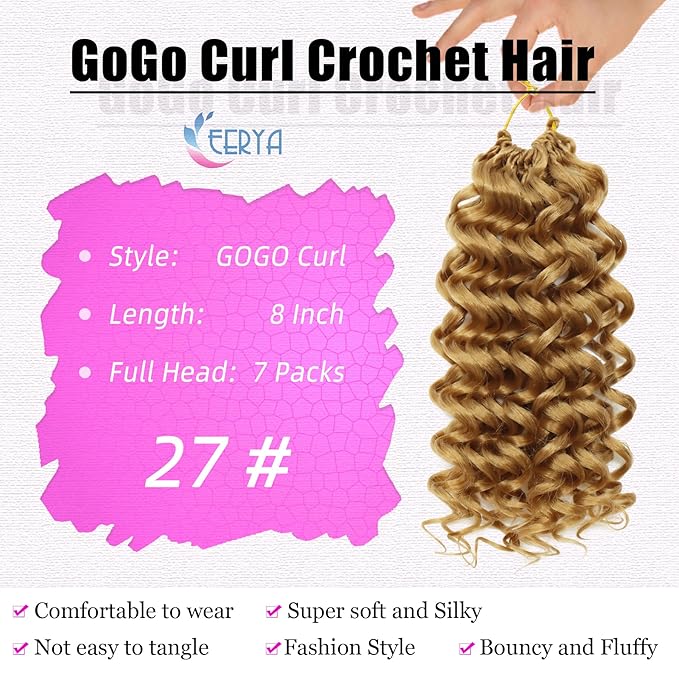 7 Packs GoGo Curl Crochet Hair 8 Inch Short Curly Crochet Hair for Women Deep Wave Beach Curl Crochet Braids Synthetic Braiding Hair Extensions(8 Inch, #27)