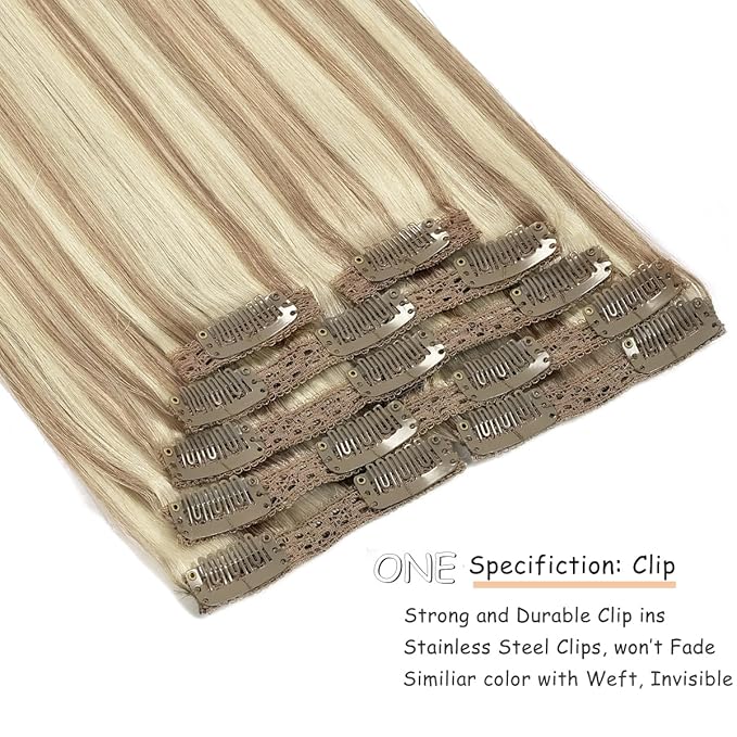 Caliee Piano Golden Brown #10 Mixed Bleach Blonde #613 Seamless Clip in Hair Extensions Double Weft Lace Invisible Silky Straight Remy Hair Extensions Clip in Human Hair 140G 20 Inch