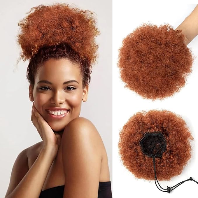 Afro Puff Clip On Human hair Drawstring Ponytail for Black Women,Short Afro Kinkys Curly Afro Bun Extension Hairpiece Ponytail Extension 8 Inch #30 Light Brown 60g
