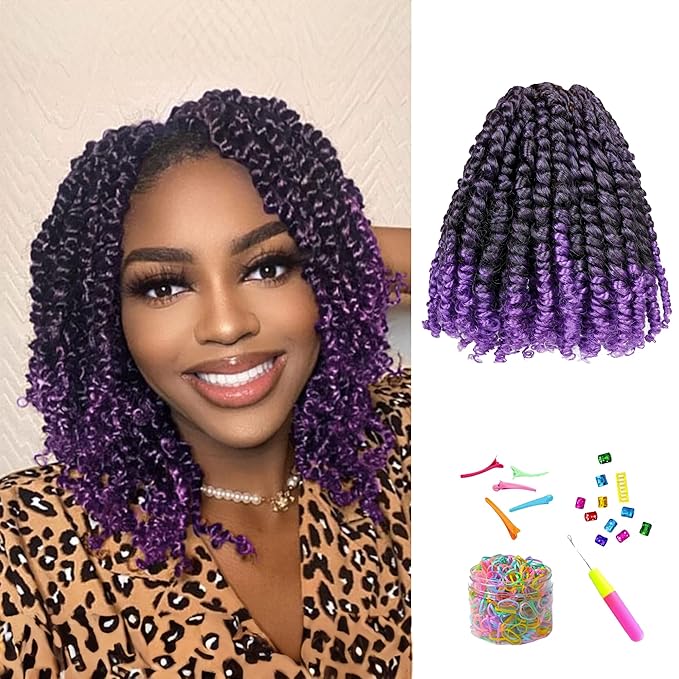 Pre Looped Pretwisted 6 Inches 8 Packs Passion Twist Crochet Hair for Black Women and Kids-Omber Purple,Soft Lightweight Hair Extension(6"-8 Packs,T1B/Purple)