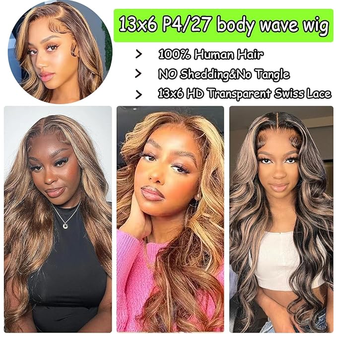 22 Inch Highlight Honey Blonde Lace Front Wig 13×6 Ombre P4/27 Highlight colored Lace Front Wigs Human Hair Pre Plucked Bleached Knots 180% Density