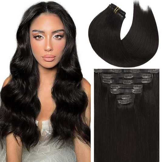 Caliee Clip in Hair Extensions Real Human Hair 18 Inch Ultra Thin Weft Clips on Hair Extensions for Full Head Color Dark Brown PU Clip ins Human Hair 7 Pcs Natural Hair