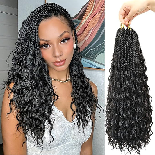 Eacia Goddess Box Braids Crochet Hair 18 Inch 7 Packs Pre looped Boho Braids Crochet Hair Bohemian Box Braid with Curly Ends for Women(18 Inch, 1B#)
