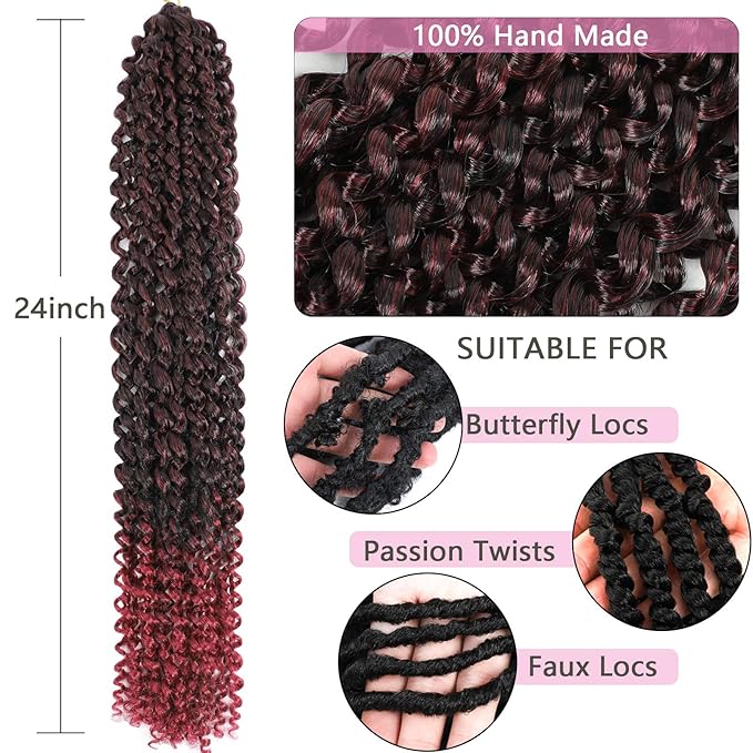 TBG Burgundy Red 24 Inch Passion Twist Crochet Hair - 8 Packs Water Wave Braiding Hair Long Spring Twist Hair Synthetic Hair Extension