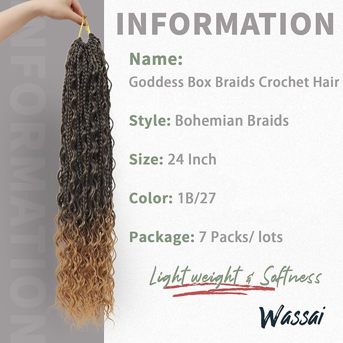 24 Inch 7 Packs Boho Box Braids Crochet Hair for women Goddess Box Braids with Curly Ends Bohemian Crochet Braids Synthetic Braiding Hair Extensions, 1B/27