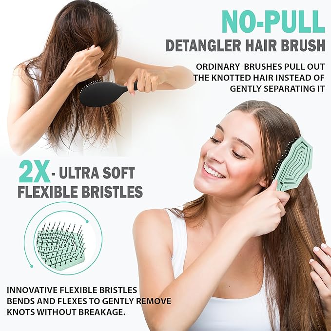 Fiora Naturals Hair Detangling Brush for Women - Detangler Hair Brush w/Flexible Soft Bristles- Gently Glides Through Tangles - Curly, Fine, Dry and Shower Wet HairBrush, cepillo para cabello - Green
