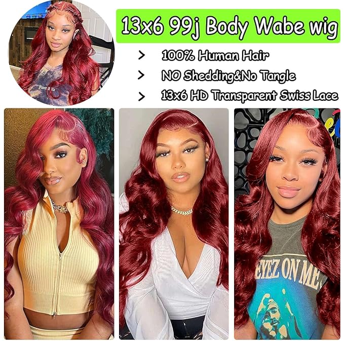 36 Inch 99j Burgundy Lace Front Wigs Human Hair Glueless Wine Red Colored Body Wave Wigs Pre Plucked with Baby Hair 180 Density 13x6 HD Transparent Frontal Wigs for Women