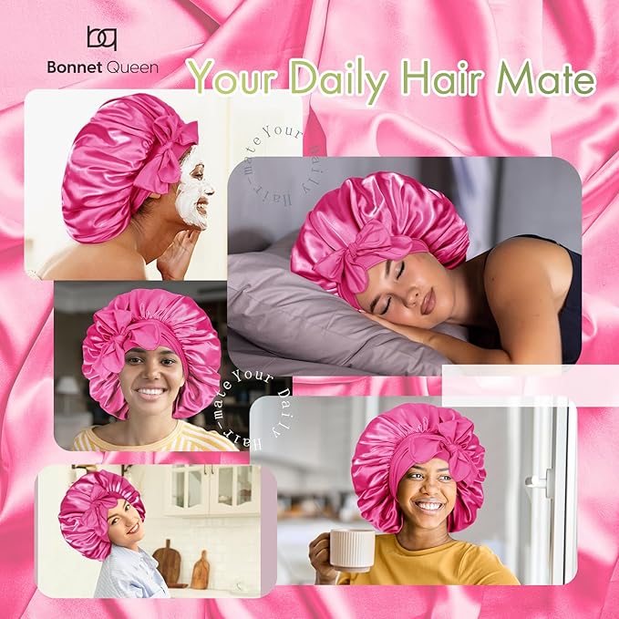 BONNET QUEEN Silk Bonnet for Sleeping Women Big Satin Bonnet Night Sleep Cap Wrap for Curly Hair with Adjustable Tie Band, Single Layer, Large, Hot Pink
