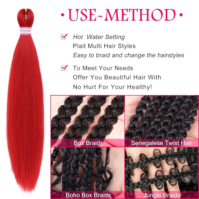 Red Braiding Hair Pre Stretched 20 Inch 8 Packs Braiding Hair Extensions for Crochet Box Braids Twists Locs Hair Soft Yaki Texture Hot Water Setting (20inch,#Red)