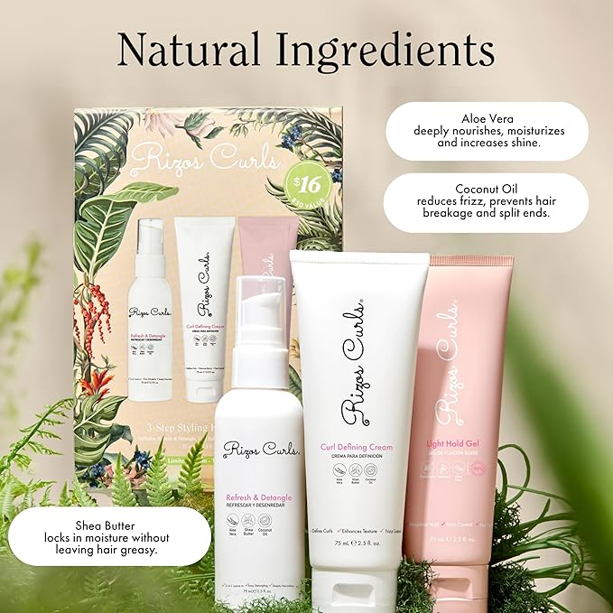 Rizos Curls 3-Step Styling Kit - Define, Style, Hold with Curl Defining Cream, Light Hold Gel & Refresh Spray – Enhances Shine, Moisture & Frizz Control for All Curl Types 2c–4c – Sulfate Paraben Free