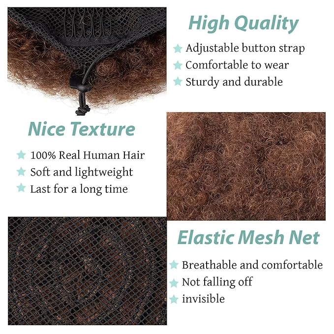 Afro Puff Clip On Human hair Drawstring Ponytail for Black Women,Ponytail Extension 6 Inch #4 Medium Brown 50g Short Afro Kinkys Curly Afro Bun Extension Hairpiece