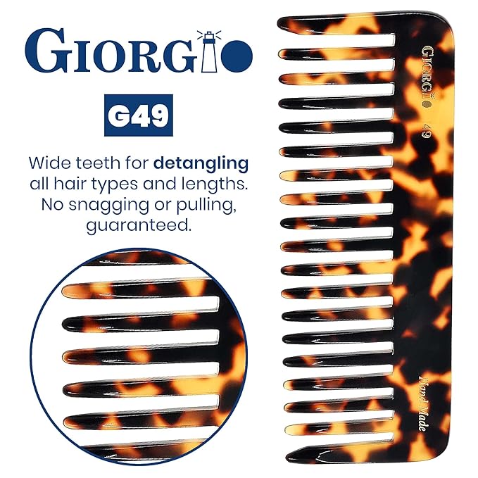 Giorgio G49 Yellow Tokio, Large Hair Detangling Comb, Wide Teeth for Thick Curly Wavy Hair, Detangler Comb For Wet and Dry, Handmade of Quality Cellulose, Saw-Cut, Hand Polished