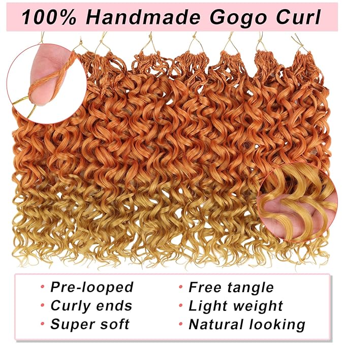14 Inch Gogo Curl Crochet Hair Natural Black Ocean Wave Crochet Hair Deep Twist Pre-looped 8 Packs Goddess Box Braids Short Curly Water Wave Synthetic Braiding Hair for Women (16Strands/pack Torange#)