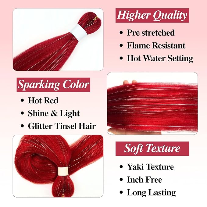 Red Braiding Hair with Tinsel Pre Stretched Braiding Hair Pre Feathered Hair Extensions Yaki Texture Glitter Braids