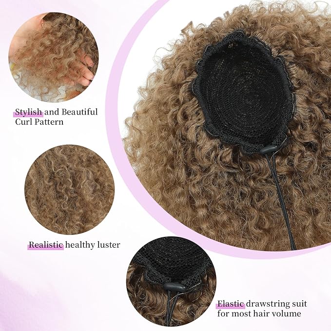 Drawstring Curly Ponytail Extensions for Black Women Protein Silk Fiber Human Hair Soft Feeling Afro Kinky Curly Hair Puff Pony tails Lightweight, Soft Natural Budget-Friendly for Daily Styles